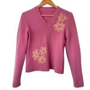 Italian Pink Embroidered Wool Blend Sweater with Pearl Detail • Sz 44 / US M 🗣